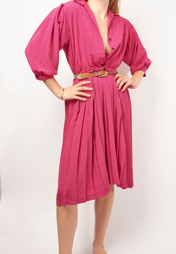 Vintage 80s Cerise Balloon Sleeve Midi Dress
