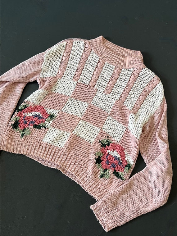 Vintage 1990s Pastel Hand Knit Flower Sweater - image 5