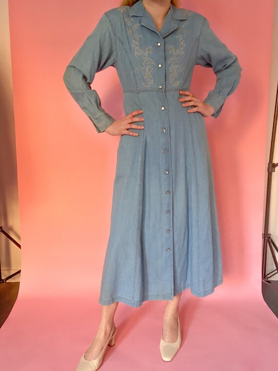 Vintage 90s Western Embroidered Denim Midi Dress