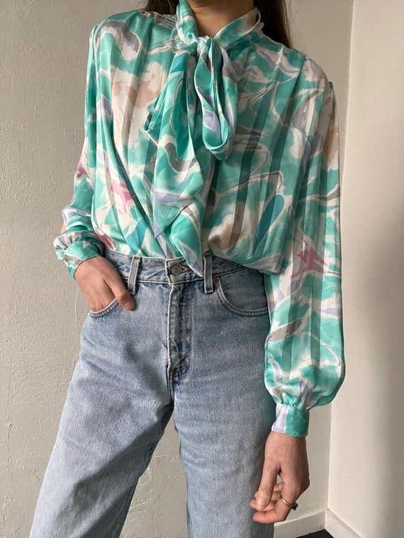 90s Nordstrom Sheer Floral Tie Neck Blouse - image 2