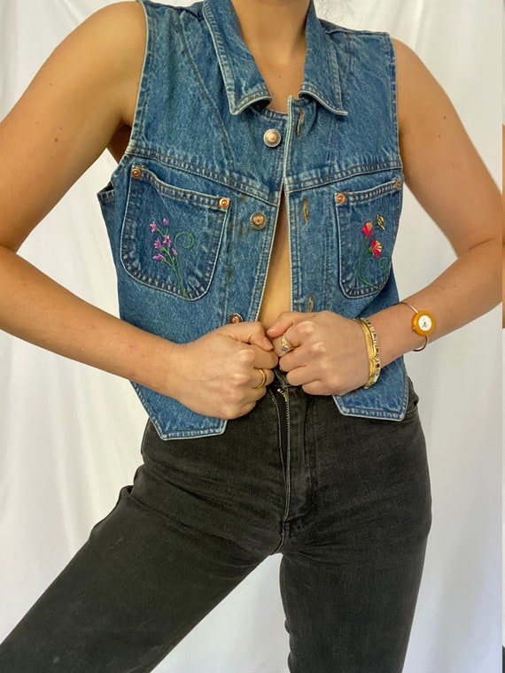 1990s Western Floral Embroidery Cropped Denim Vest