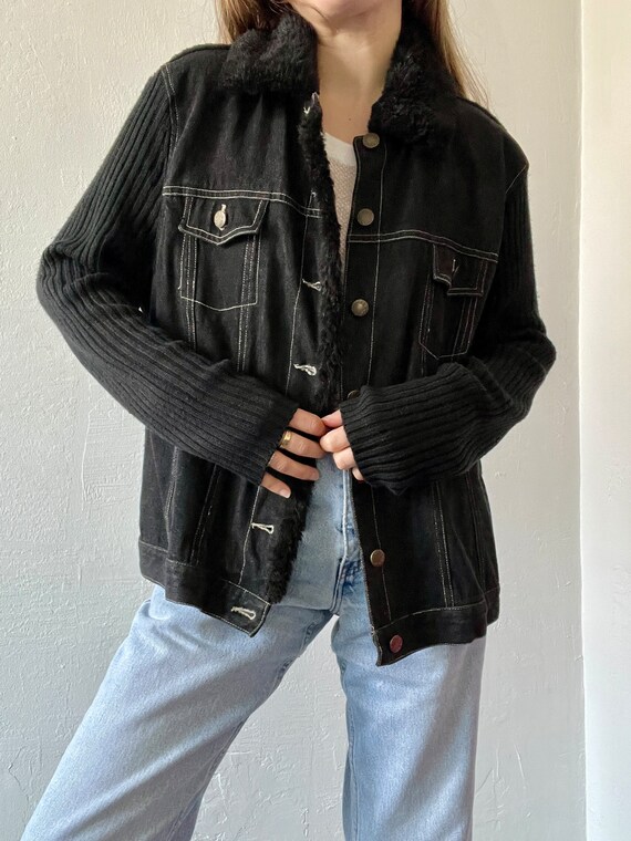 Vintage Black Denim Faux Fur Trim Jacket - image 7