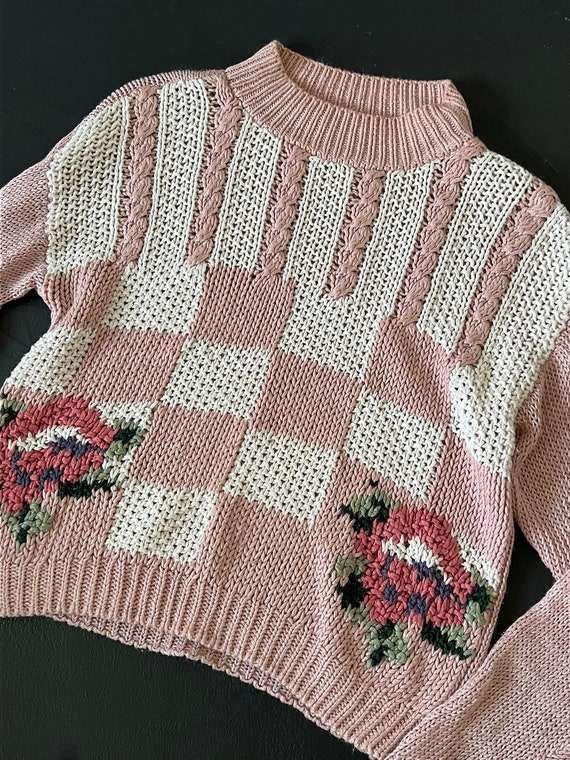 Vintage 1990s Pastel Hand Knit Flower Sweater - image 6