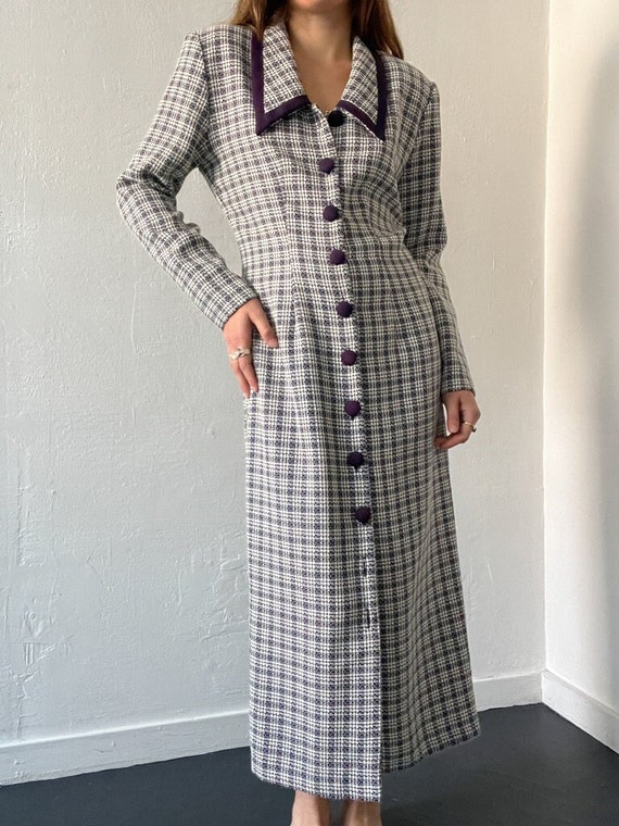 1990s Structured Purple & Navy Checkered Dress - image 1