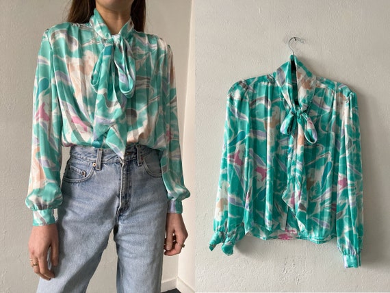 90s Nordstrom Sheer Floral Tie Neck Blouse - image 1