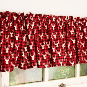Lodge Valances. Lodge Curtains, Cabin Curtains, Cabin Valances, Country Deer Curtains, Red and Black Buffalo Print Valances, Deer Decor