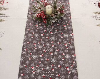 Christmas Table Runner, Santa Table Runner, Snowflake Table Runner, Gray Table Runner with Snowflakes and Santas, Christmas Table Linens