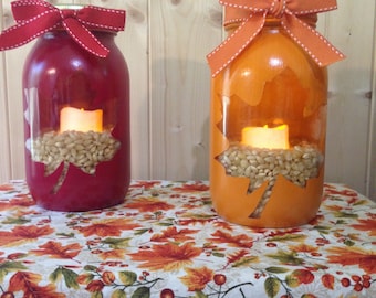 Hand Painted Mason Jars For the Fall, Hand Painted Mason Jars, Fall Painted Mason Jars, Mason Jar Lights, Fall Table Decor
