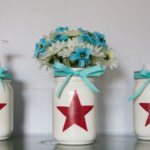 Handpainted Mason Jar white with a red star, Mason jar centerpiece, 4th of July Decor, Painted Mason Jars, Patriotic Home Decor,