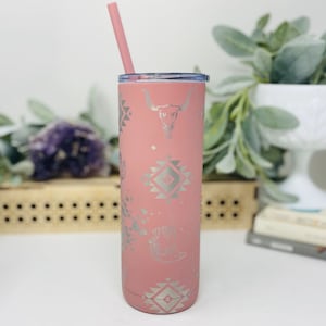 Pink Western 20oz Engraved Skinny Tumbler, Country Rodeo Tumbler with Lid & Straw,  20 oz, Thermal Mug