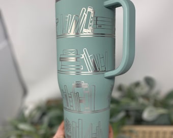 Bookshelf Engraved Tumbler: 40oz Insulated Travel Mug with Handle