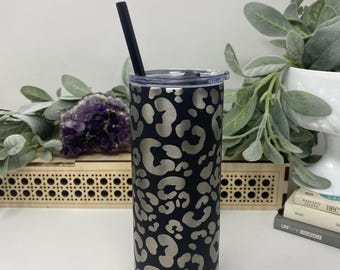 Leopard Print 20oz Tumbler with Straw, Skinny Tumbler, Engraved Stainless Steel Insulated Tumbler Travel Mug,
