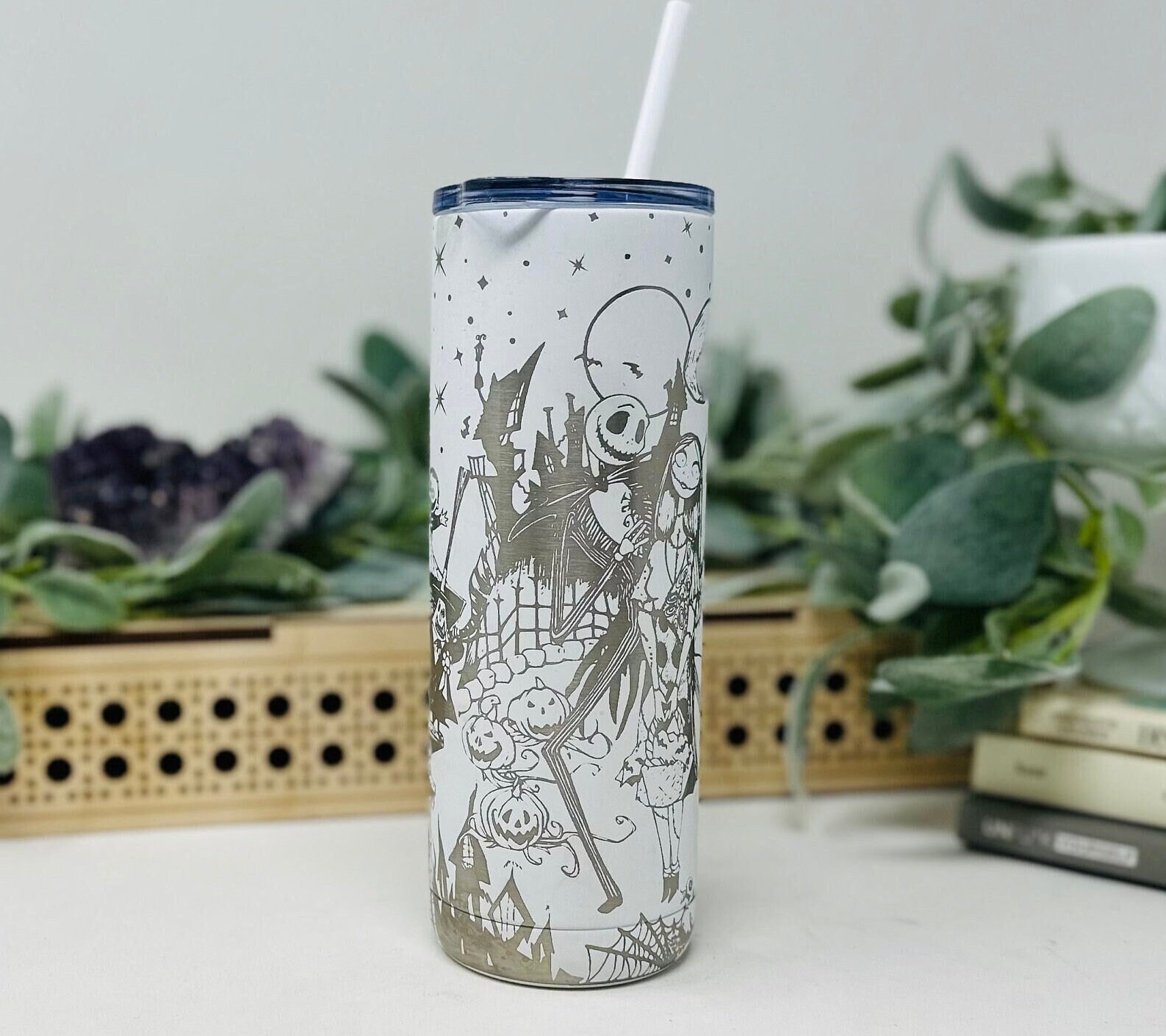 20oz Insulated Stainless Tumbler, Christmas  Laser Engraved Nightmare Before • Jack Sally Halloween Hot and Cold, Lid and Straw Spooky Gift