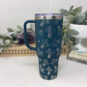 40oz Cactus Teal Tumbler with Handle, Insulated Stainless Steel Engraved Tumbler With Straw