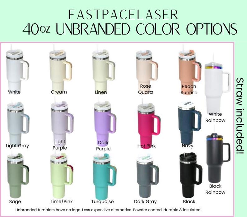 a collection of 40oz unbranded color options for a Fastpacselaser stainless steel tumbler, including white, cream, linen, rose quartz, peach sunrise, white, rainbow, light gray, light purple, dark purple, hot pink, navy, light gray, dark gray, black, and steak rainbow.