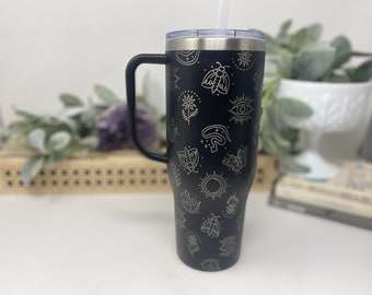 Mystical Tarot 40oz Tumbler with Handle,  Cup Dupe, Witchy Vibes Insulated Stainless Steel Engraved Tumbler With Straw