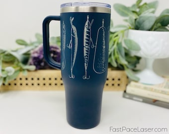 Engraved Fishing Lures Tumbler: 40oz Stainless Steel Cup With Handle