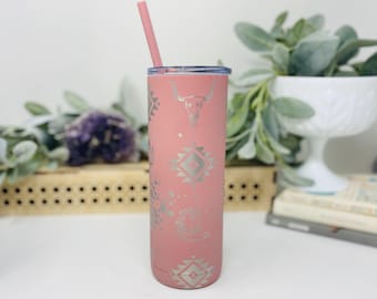 Pink Western Engraved Tumbler: Rodeo Stainless Steel Mug with Lid & Straw