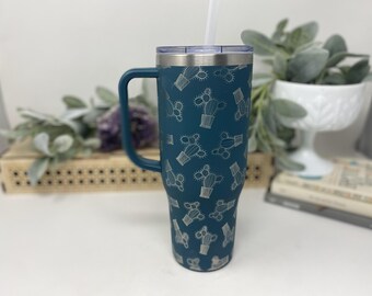 40oz Cactus Engraved Tumbler with Handle: Teal Insulated Stainless Steel Cup