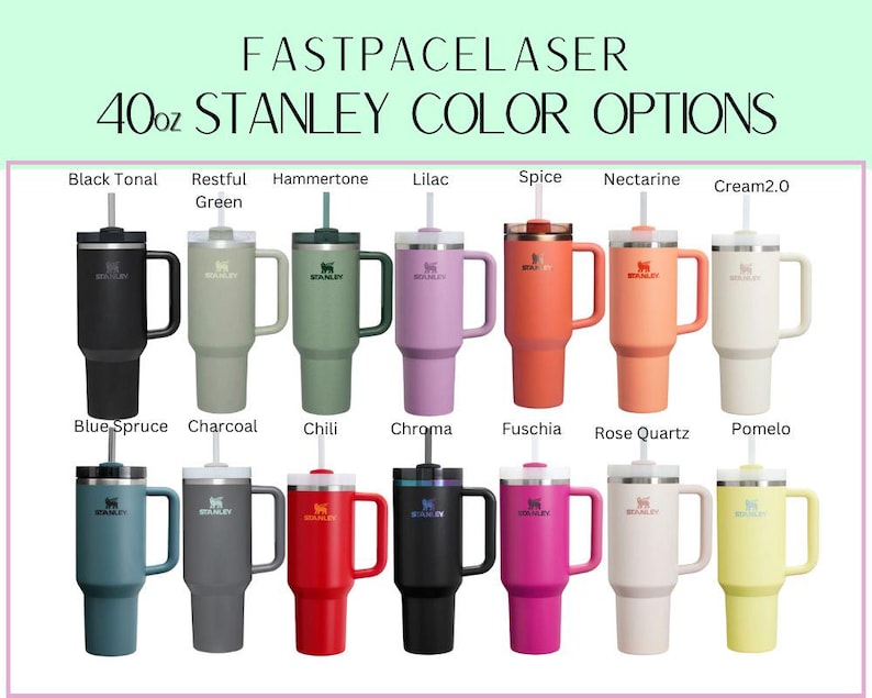 a collection of 40 oz Stanley color options, including black, green, purple, orange, pink, blue, red, and yellow.