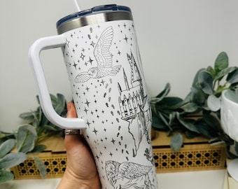 40oz Wizard Stanley or Maars Tumbler With Handle, Laser Engraved Insulated Hot & Cold Tumbler Travel Mug with Lid and Straw
