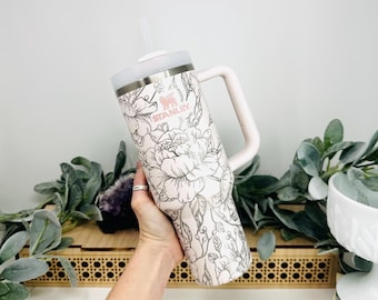 Peony Floral Engraved Tumbler 40oz: Insulated Travel Coffee Mug