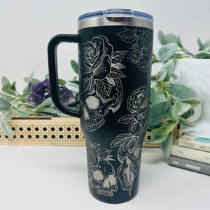 Skull and Roses 40oz Engraved Tumbler With Handle,  Insulated Hot & Cold Tumbler Travel Mug with Lid