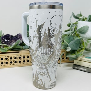Insulated Hot & Cold Tumbler Travel Mug with Lid and Straw, Nightmare Jack and Sally 40oz Laser Engraved Tumbler With Handle