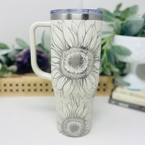 White Sunflower 40oz Engraved Tumbler With Handle,  Insulated Travel Mug with Lid
