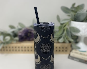 Mystical Moon Engraved Tumbler: Insulated Stainless Steel 20 oz With Straw