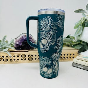 Skull and Roses 40oz Engraved Tumbler With Handle,  Insulated Hot & Cold Tumbler Travel Mug with Lid