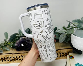 Engraved Nurse Tumbler: 40oz Insulated Travel Mug with Handle