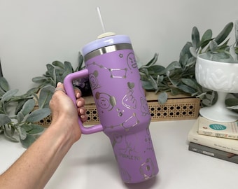Purple K-Pop Inspired 40oz Engraved Tumbler with Handle | Korean Pop Fan Gift | Character Travel Mug