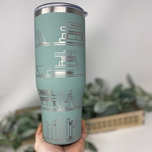 Bookshelf 40oz Engraved Tumbler With Handle,  Insulated Hot & Cold Tumbler Travel Mug with Lid