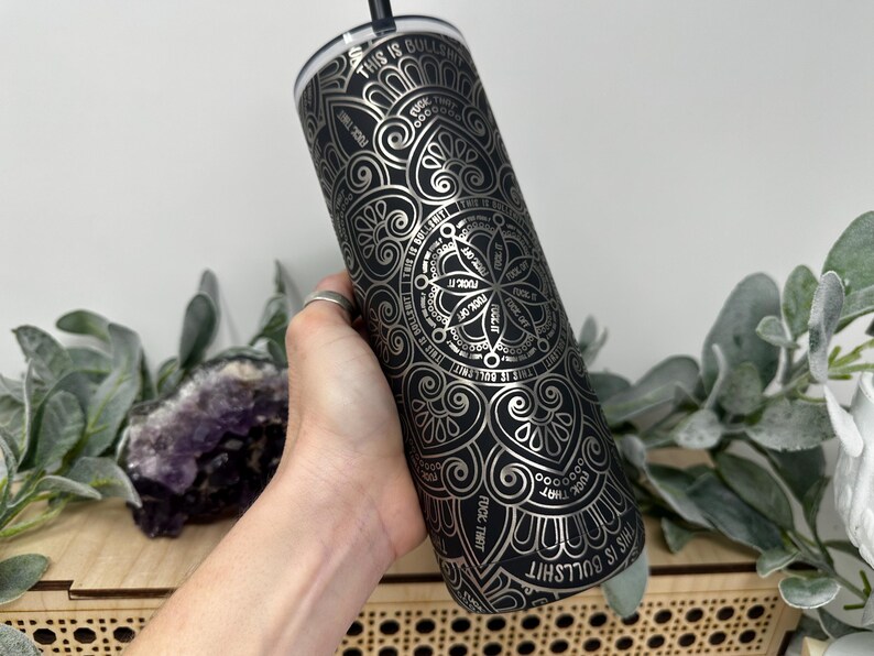 Hidden Cuss Word Mandala Tumbler – 20oz or 40oz Laser Engraved Stainless Steel | Skinny or Stanley Style | Funny Secret Swear Gift 画像 3