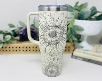 Sunflower 40oz Engraved Tumbler With Handle,  Insulated Travel Mug wit
