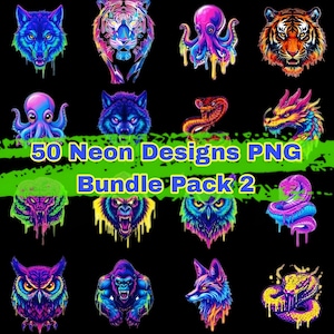 50 Neon PNG Animal Designs Bundle Pack 2 | Dripping Style Clipart | High-Resolution Transparent Files, Extended POD License Included