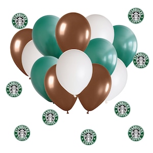 15 Count Starbuck Theme Balloons, Starbucks, Starbucks Balloons, Starbucks Stickers, Green Balloons, White Balloons, Brown Balloons, Coffee