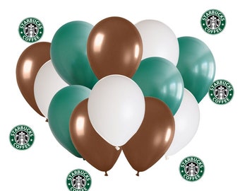 15 Count Starbuck Theme Balloons, Starbucks, Starbucks Balloons, Starbucks Stickers, Green Balloons, White Balloons, Brown Balloons, Coffee