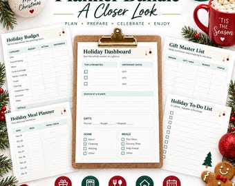 Printbare kerstplanner, vakantie-organizer, cadeau- en budgettracker, kerstmaaltijdplanning, checklist, 35 pagina's