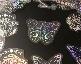 Holographic Butterfly Stickers: Celestial Moon, Crystal, Mushroom Designs (40PCS)