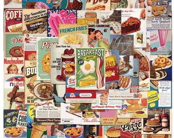10pc Random Vintage Food Stickers: Retro Cartoon Advertisements, Desserts, Journals, Scrapbooks (Digital Download)