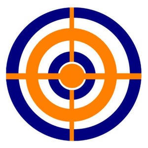 May include: A circular graphic with concentric rings in blue, white, and orange, resembling a target. The design includes a crosshair element, with a solid orange center.