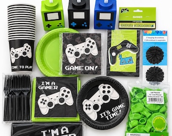 Gamer Birthday Party Supply Bundle | Video Game Party Decorations | Gaming Plates Cups Napkins Balloons
