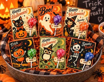 6 Vintage Halloween lollyhouder ontwerpen om te printen | Retro lollykaartjes | Traktatie voor in de klas