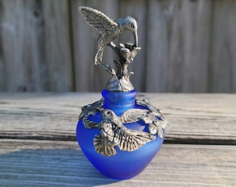 Refillable Frosted Cobalt Blue Glass Perfume Bottle Pewter Hummingbird & Flowers