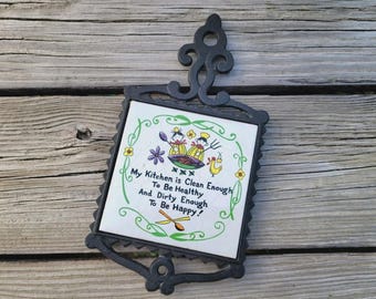 Vintage Black Cast Iron Tile Trivet - My Kitchen is Clean Enough to be Healthy