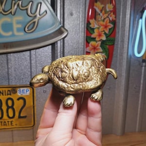 May include: A gold-colored turtle figurine with detailed texture. The turtle has a head, four legs, and a tail. The figurine is held in a hand. The background includes a license plate and a neon sign.
