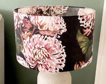 Black & pink silk table lamp shades, designer, floral, drum shape, birds, luxury quality, handmade in UK