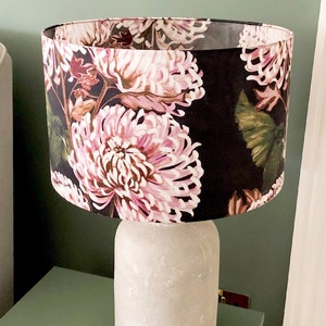 Black & pink silk table lamp shades, designer, floral, drum shape, birds, luxury quality, handmade in UK